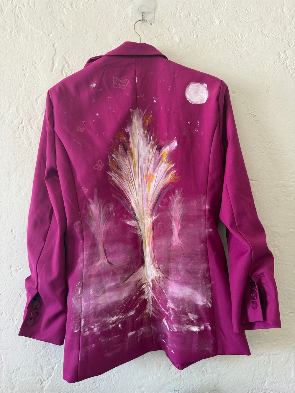 Hand-Painted Magenta Blazer | Tree Motif